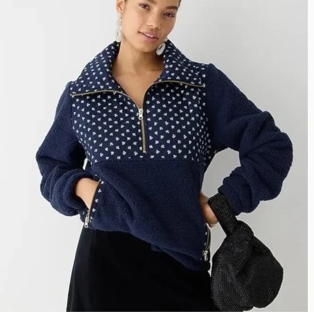 J.Crew Quilted Sherpa Fleece Zip Pullover XXS Floral Navy Blue BM370 J.Crew
